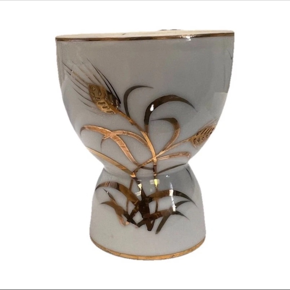 Lefton Hand Painted Porcelain Egg Cup Wheat Pattern White and Gold.